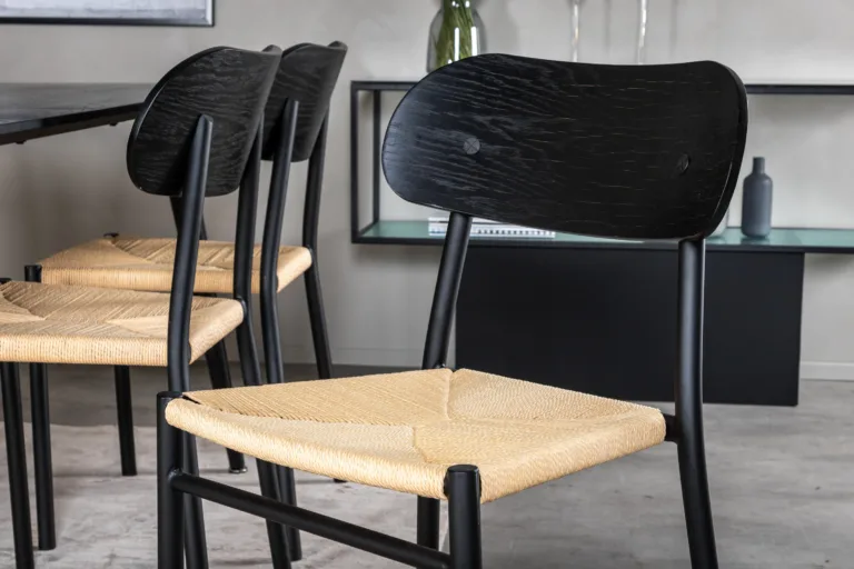 Söögilaud Dipp koos Polly toolidega (must vineer, 180×90 cm, rotangist iste) - GR24030