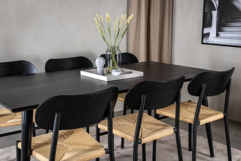 Söögilaud Dipp koos Polly toolidega (must vineer, 180×90 cm, rotangist iste) - GR24030