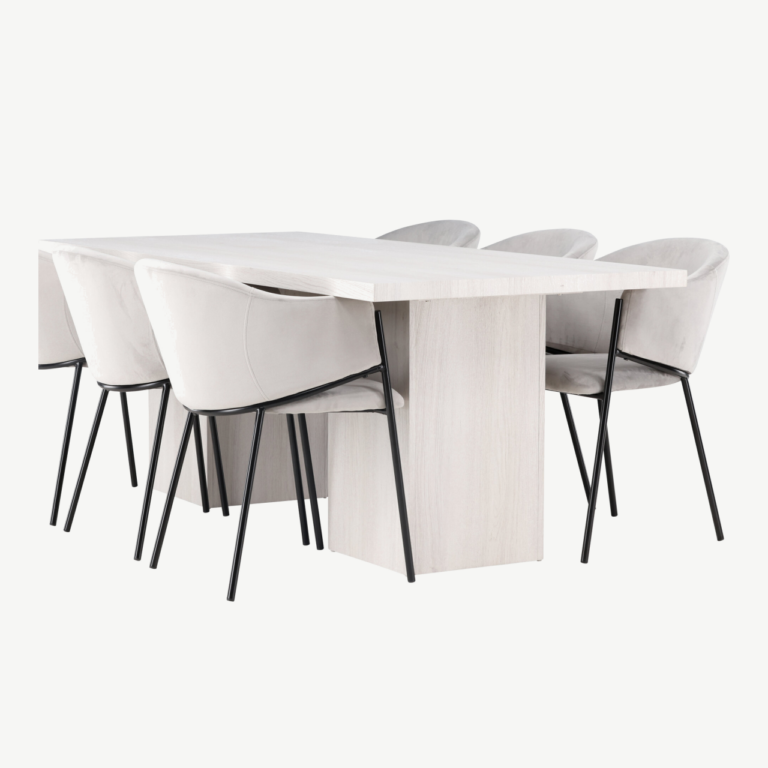 Söögilaud Olga valge peitsiga MDF, 200x90 cm + 6 halli velvetkattega Evelina tooli, mustad terasjalad - GR23714