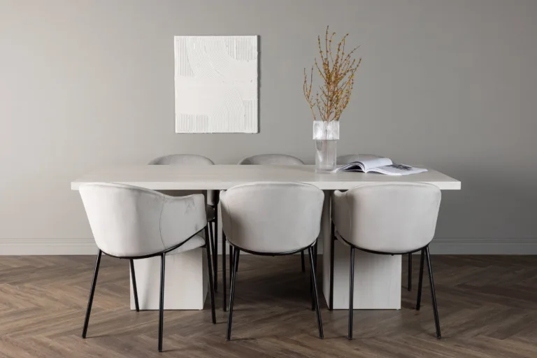 Söögilaud Olga valge peitsiga MDF, 200x90 cm + 6 halli velvetkattega Evelina tooli, mustad terasjalad - GR23714
