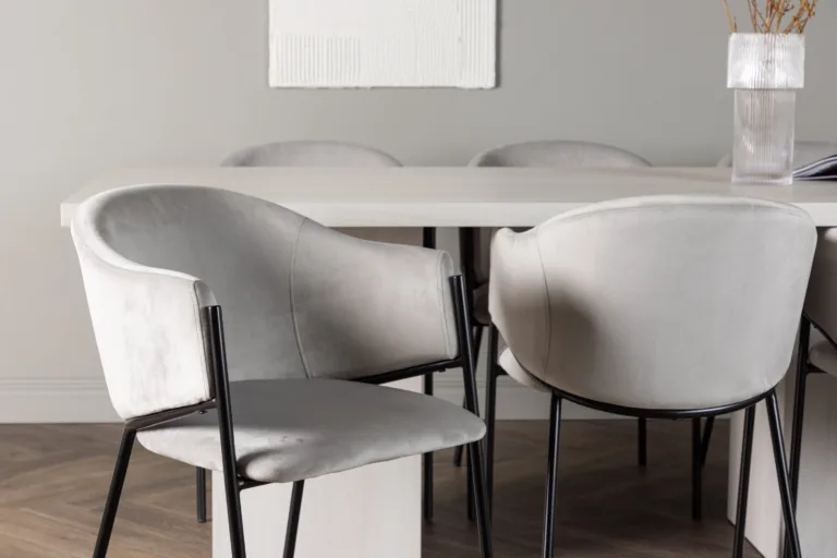 Söögilaud Olga valge peitsiga MDF, 200x90 cm + 6 halli velvetkattega Evelina tooli, mustad terasjalad - GR23714