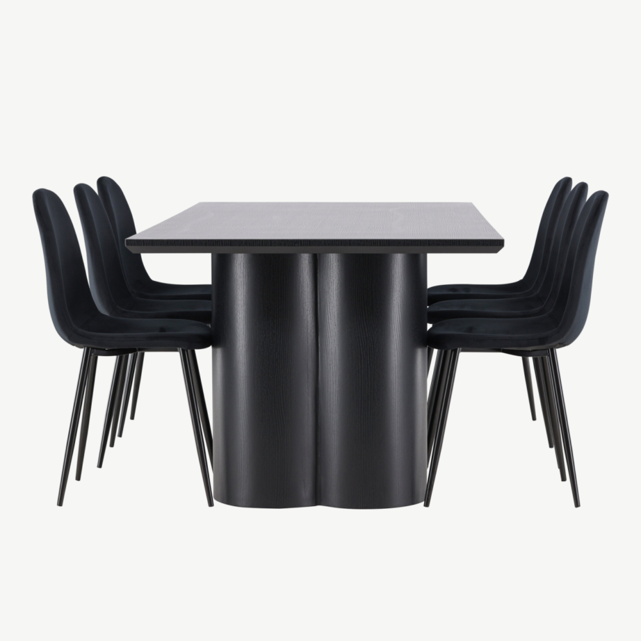 Söögilaud Olivia ja 6 musta velvetkattega Polar tooli komplekt (210×100 cm, MDF), GR24594 – 2