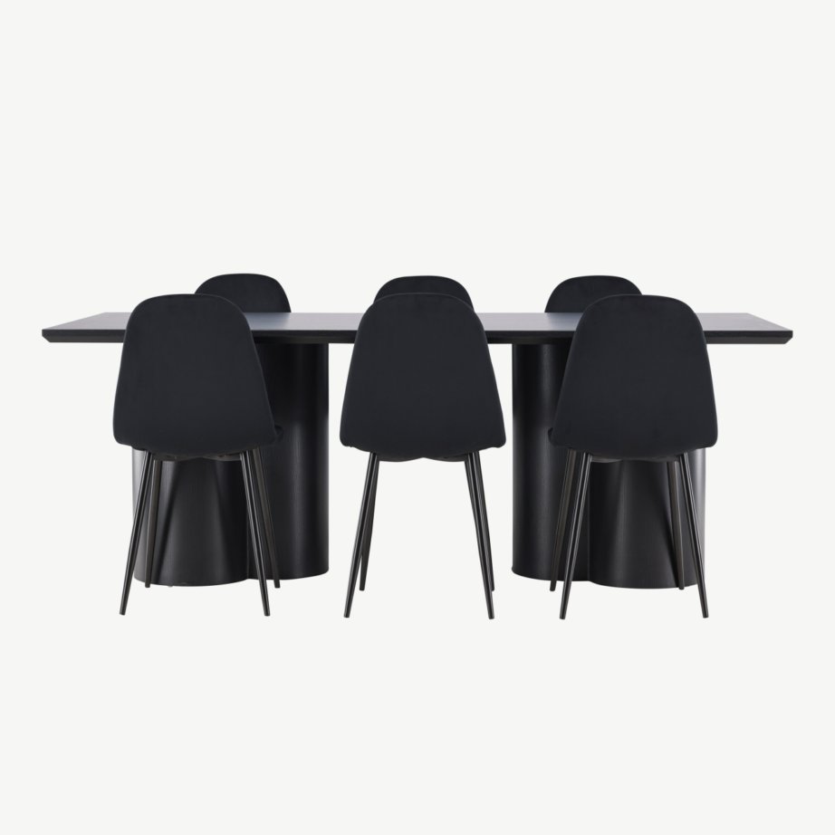 Söögilaud Olivia ja 6 musta velvetkattega Polar tooli komplekt (210×100 cm, MDF), GR24594 – 5