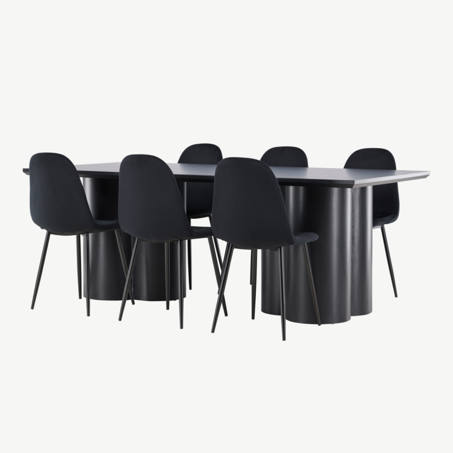 Söögilaud Olivia ja 6 musta velvetkattega Polar tooli komplekt (210×100 cm, MDF), GR24594
