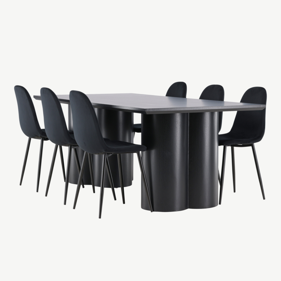 Söögilaud Olivia ja 6 musta velvetkattega Polar tooli komplekt (210×100 cm, MDF), GR24594 – 6