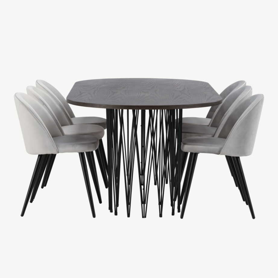 Söögilaud Stone mokkavineeriga ja hallid velvetist toolid (6 tk), GR22824 – 2