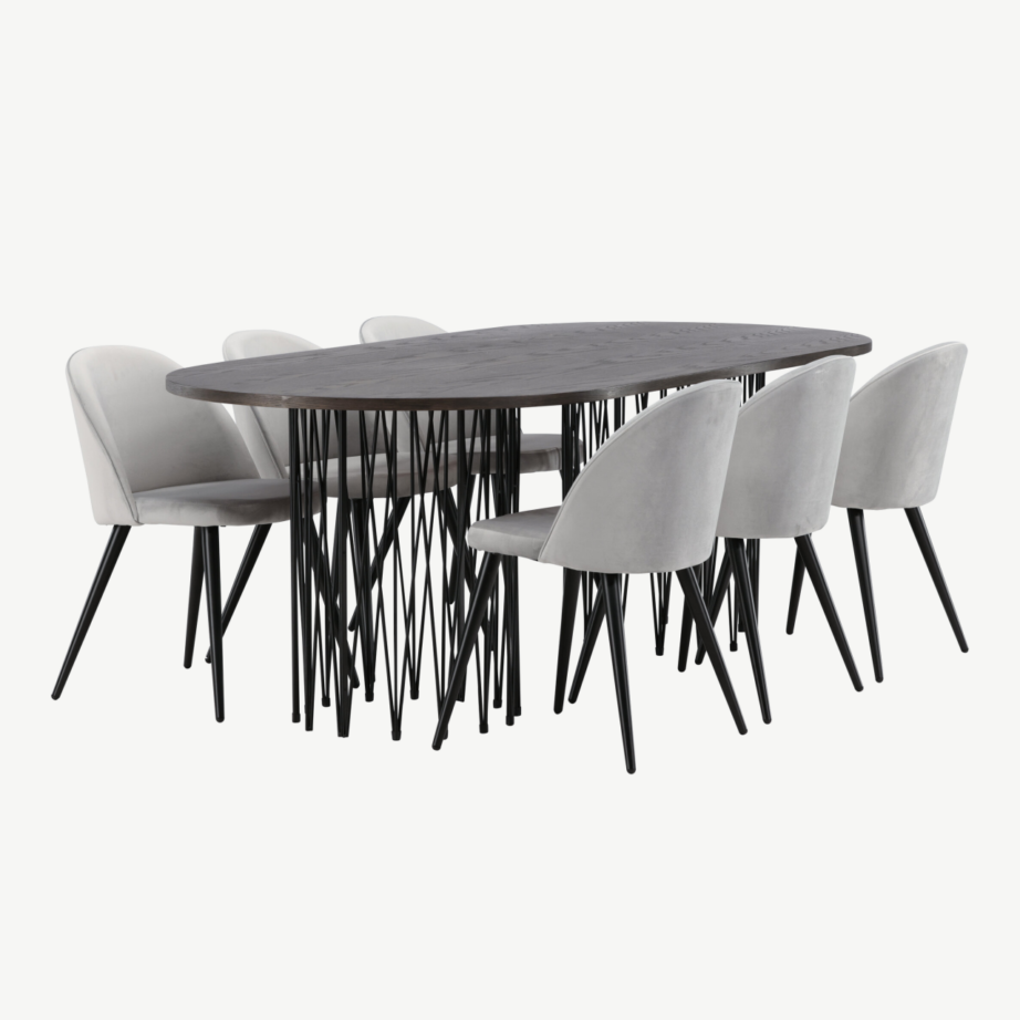 Söögilaud Stone mokkavineeriga ja hallid velvetist toolid (6 tk), GR22824 – 3