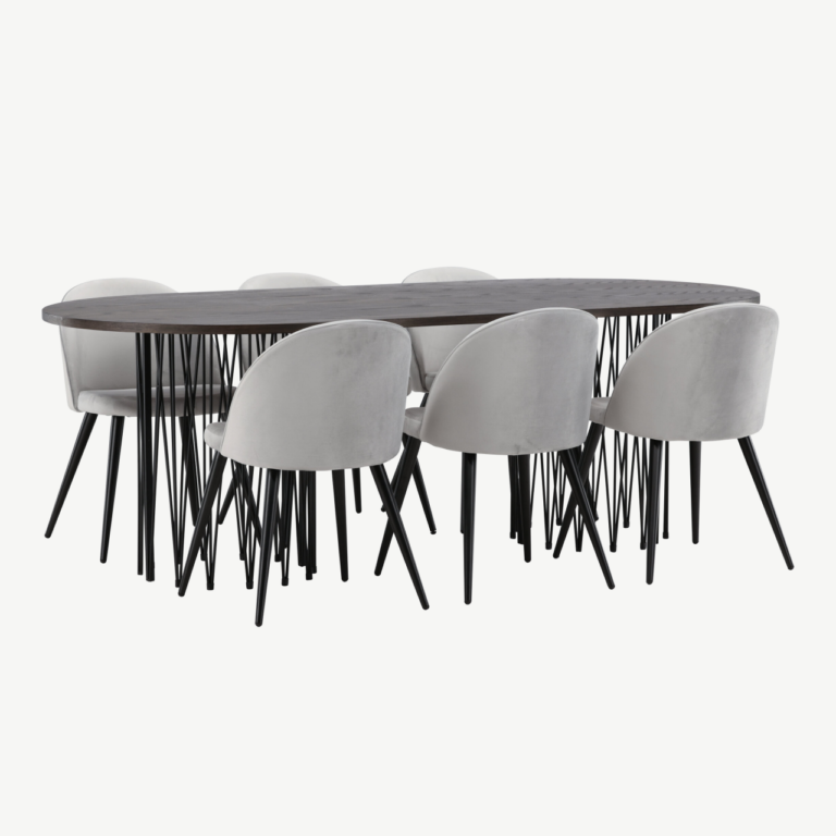 Söögilaud Stone mokkavineeriga ja hallid velvetist toolid (6 tk) - GR22824