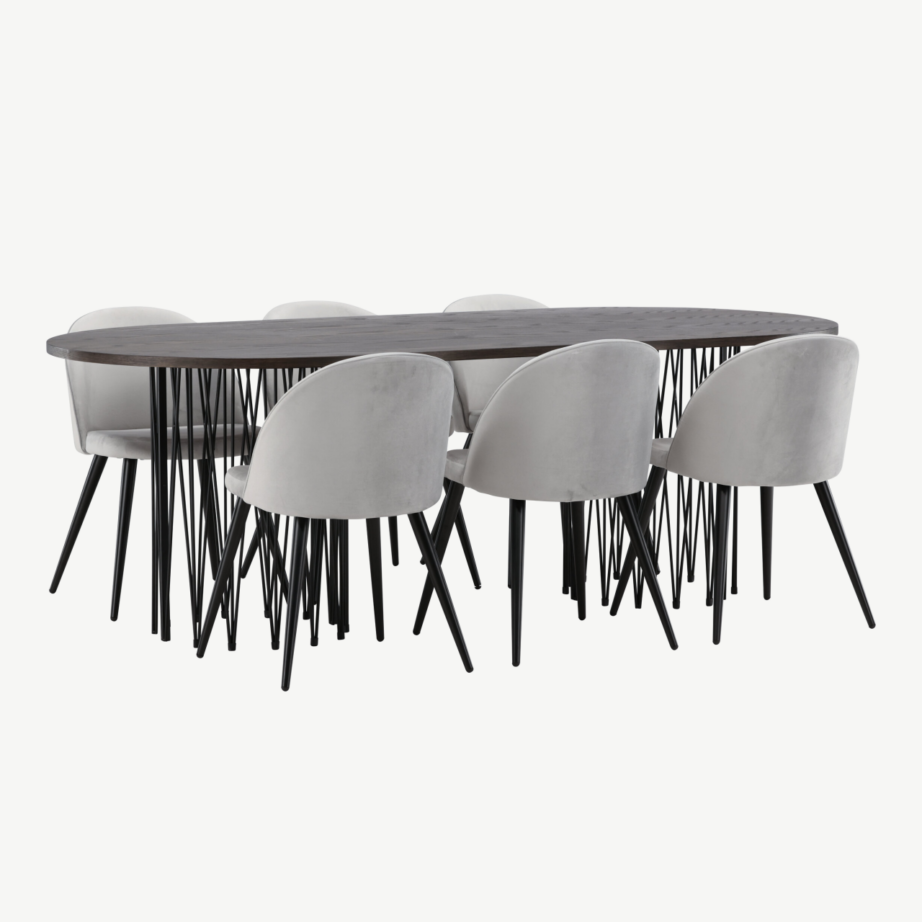Söögilaud Stone mokkavineeriga ja hallid velvetist toolid (6 tk), GR22824 – 4