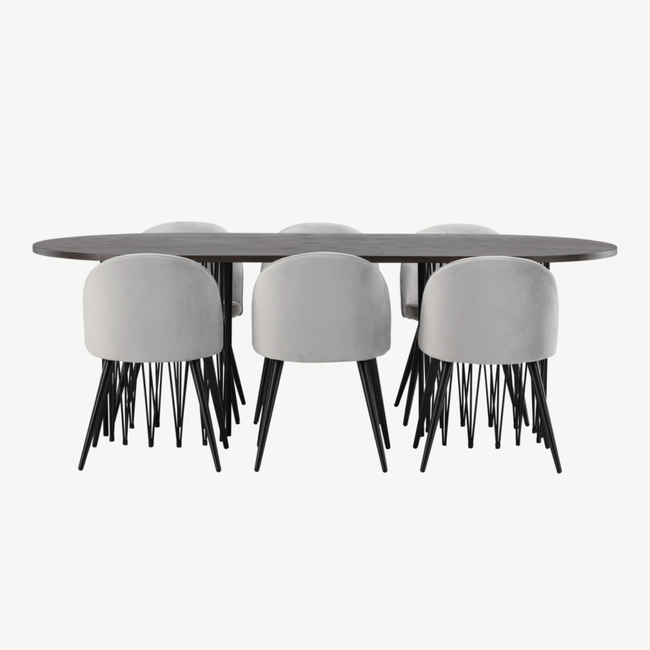 Söögilaud Stone mokkavineeriga ja hallid velvetist toolid (6 tk), GR22824 – 5