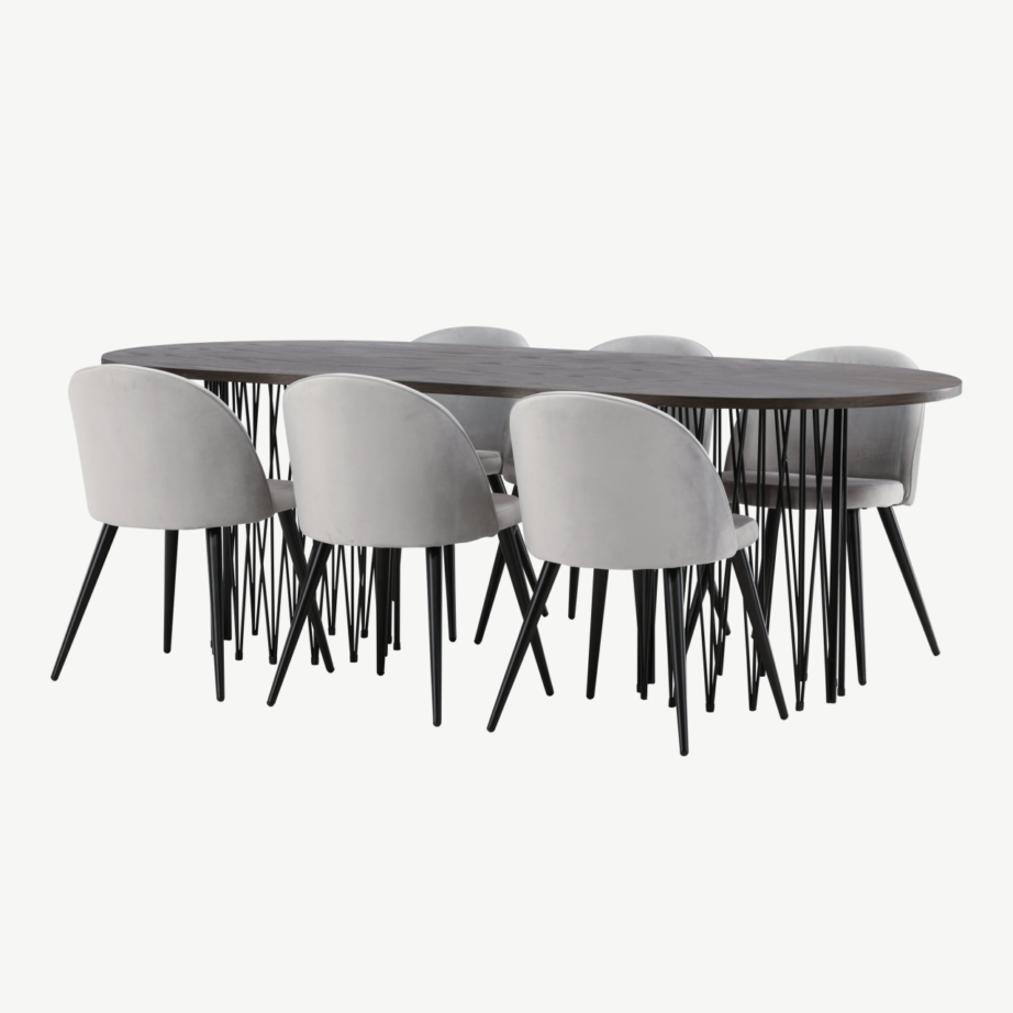 Söögilaud Stone mokkavineeriga ja hallid velvetist toolid (6 tk), GR22824