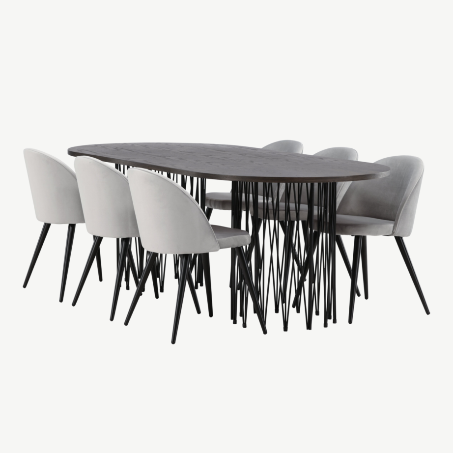 Söögilaud Stone mokkavineeriga ja hallid velvetist toolid (6 tk), GR22824 – 6