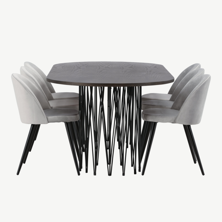 Söögilaud Stone mokkavineeriga ja hallid velvetist toolid (6 tk), GR22824 – 7