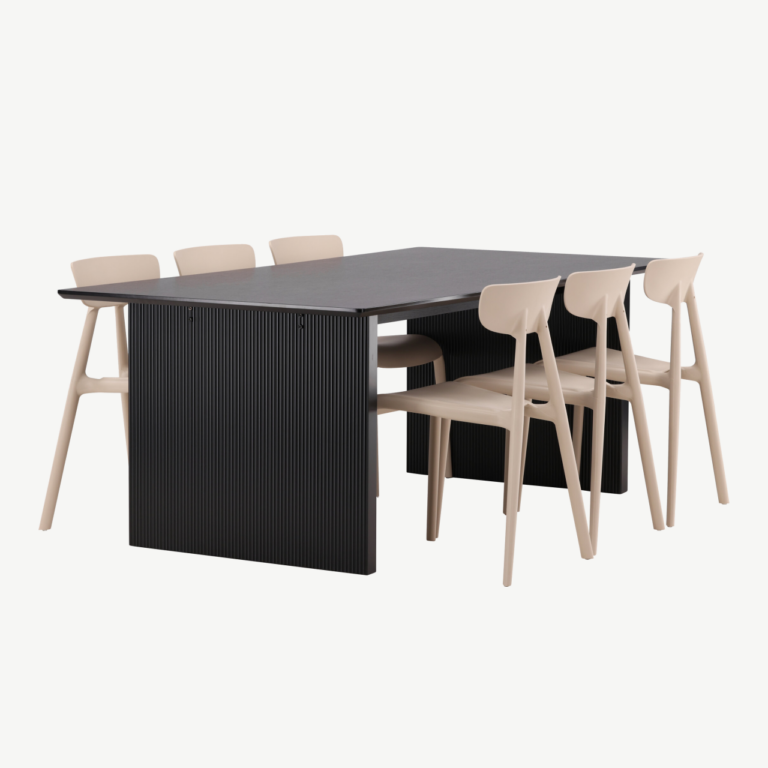 Söögilaud Vail (must MDF) ja Ursholmen toolid (beež plastik), 6-kohaline komplekt - GR22978