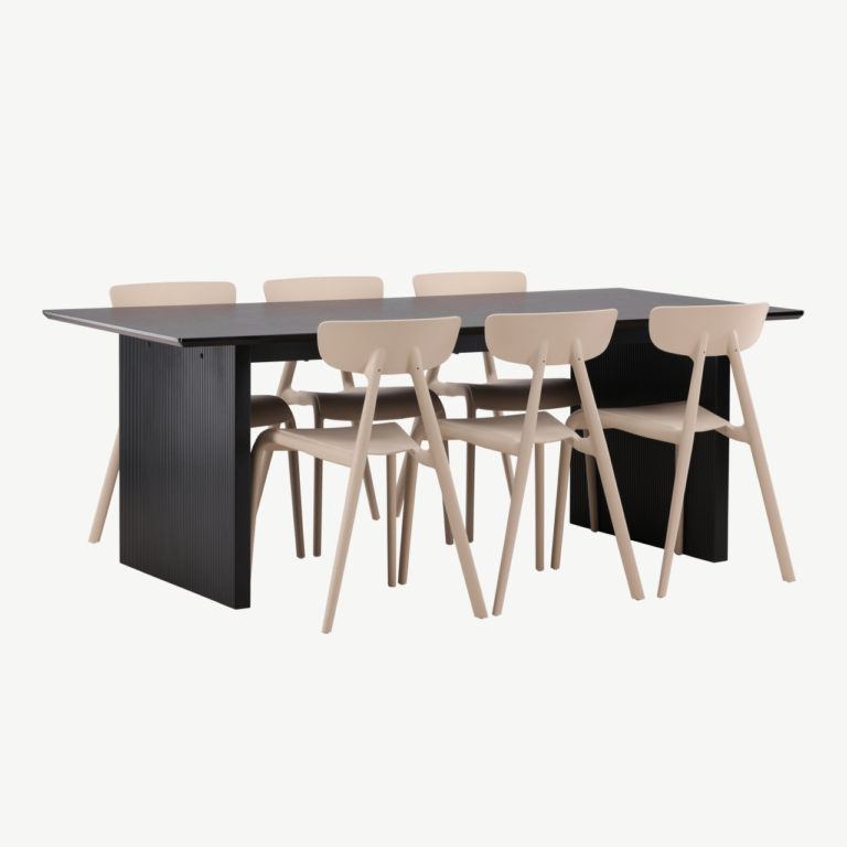 Söögilaud Vail (must MDF) ja Ursholmen toolid (beež plastik), 6-kohaline komplekt - GR22978