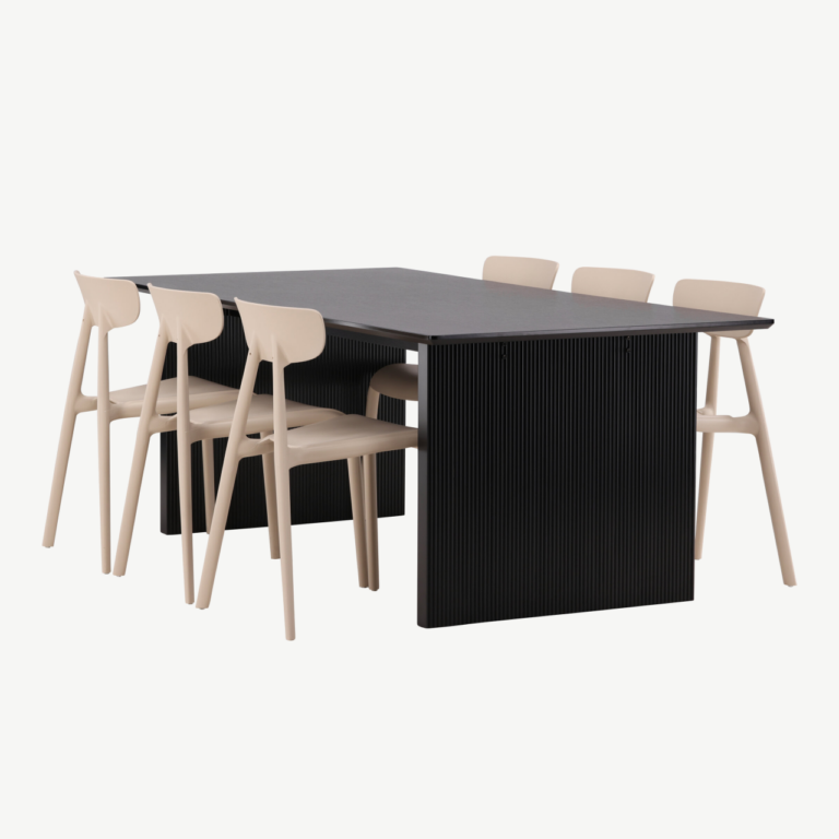 Söögilaud Vail (must MDF) ja Ursholmen toolid (beež plastik), 6-kohaline komplekt - GR22978