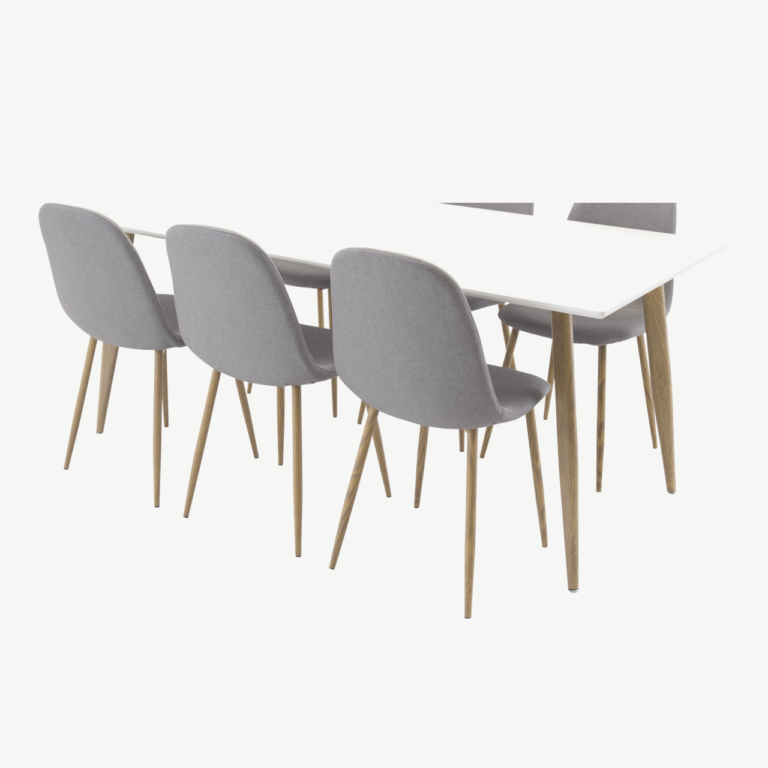 Söögirühm Polar: valge MDF laud ja 6 halli polsterdatud tooli (180x90 cm) - GR24187