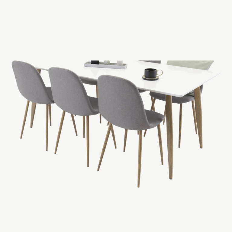 Söögirühm Polar: valge MDF laud ja 6 halli polsterdatud tooli (180x90 cm) - GR24187