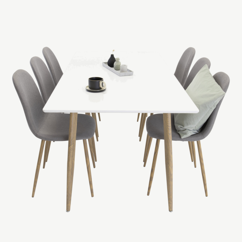 Söögirühm Polar: valge MDF laud ja 6 halli polsterdatud tooli (180×90 cm), GR24187