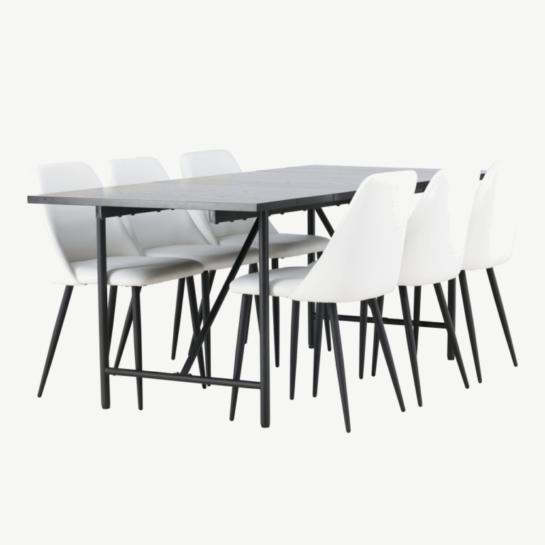 Söögitoakomplekt Astrid – must MDF laud 200×90 cm ja valge kunstnahaga toolid Night - GR23509