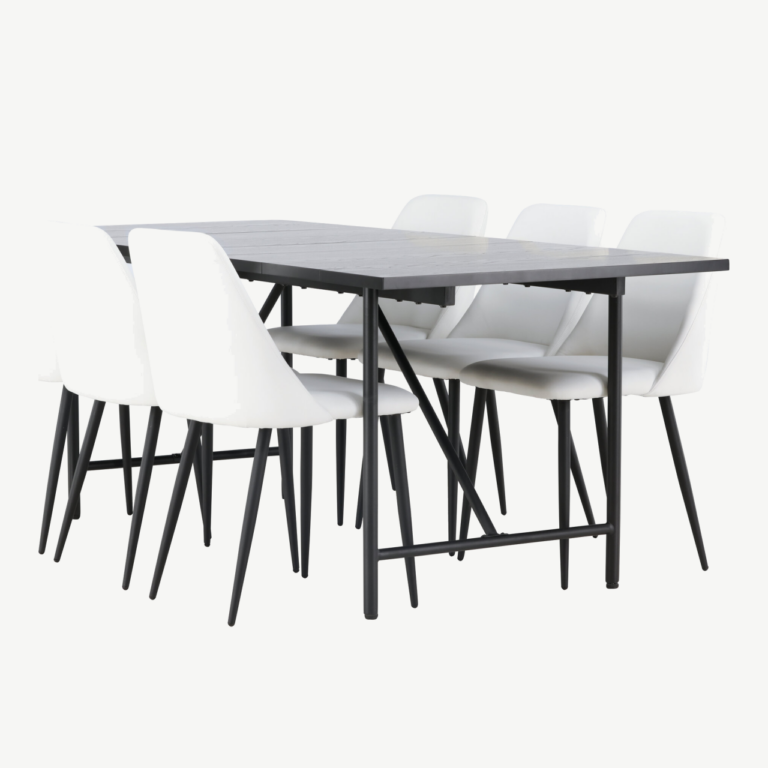 Söögitoakomplekt Astrid – must MDF laud 200×90 cm ja valge kunstnahaga toolid Night - GR23509