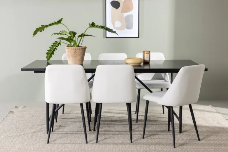 Söögitoakomplekt Astrid – must MDF laud 200×90 cm ja valge kunstnahaga toolid Night - GR23509