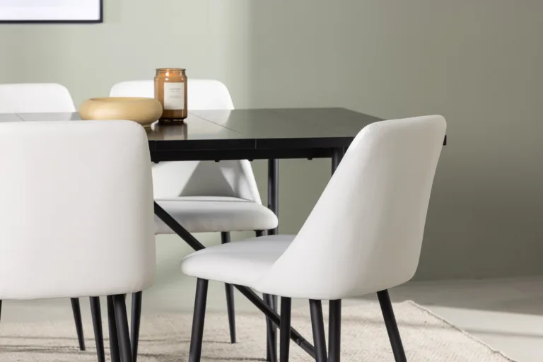 Söögitoakomplekt Astrid – must MDF laud 200×90 cm ja valge kunstnahaga toolid Night - GR23509