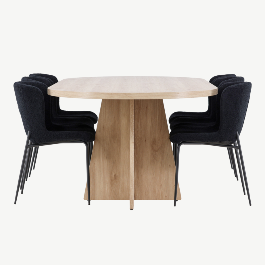 Söögitoakomplekt Bootcut laud ja 6 Modesto musta tooli (valge peitsiga viimistletud MDF, buklee-kangas), GR24553 – 2