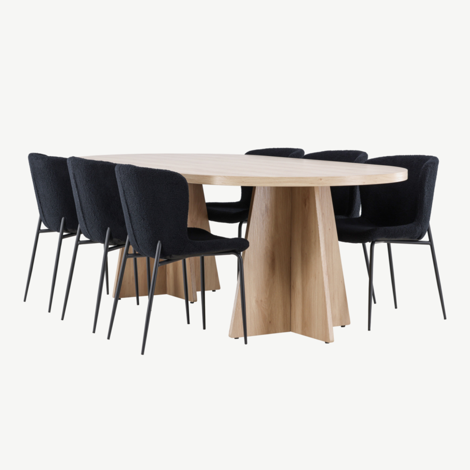 Söögitoakomplekt Bootcut laud ja 6 Modesto musta tooli (valge peitsiga viimistletud MDF, buklee-kangas), GR24553 – 6