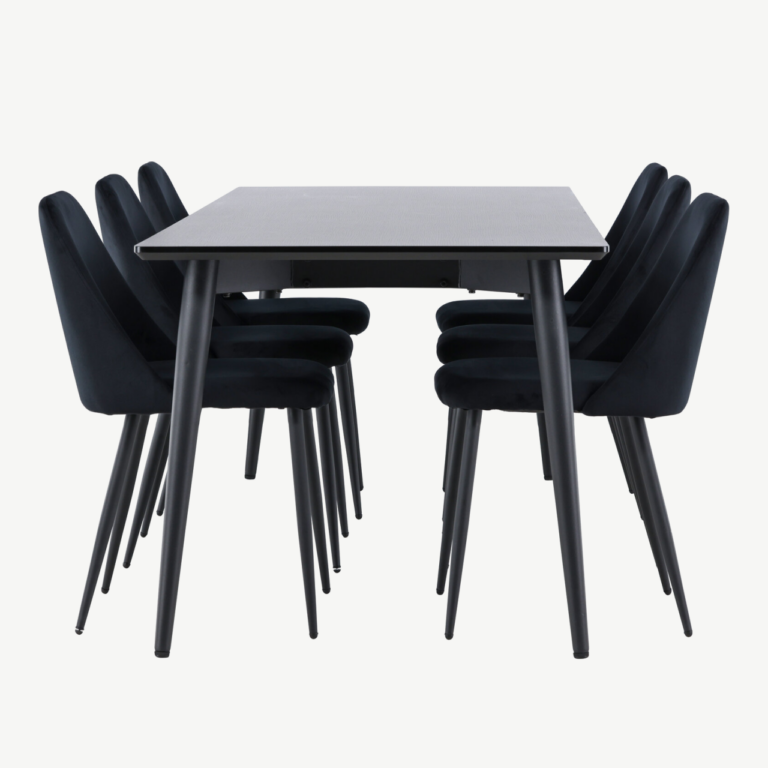 Söögitoakomplekt Ellis – must MDF laud ja 6 Night velvetist tooli - GR24610