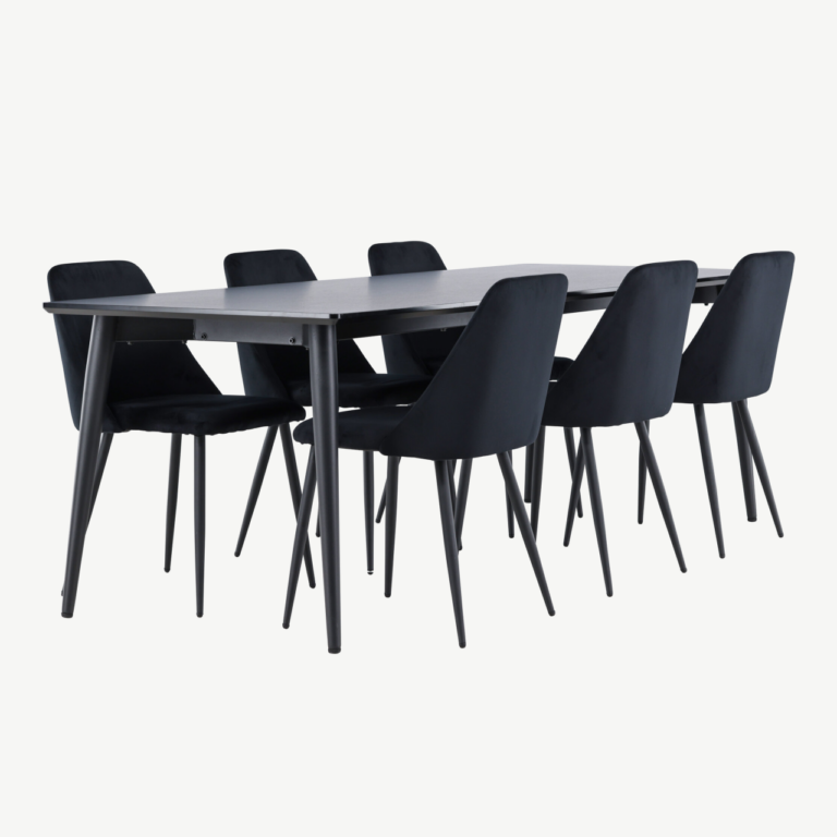Söögitoakomplekt Ellis – must MDF laud ja 6 Night velvetist tooli - GR24610