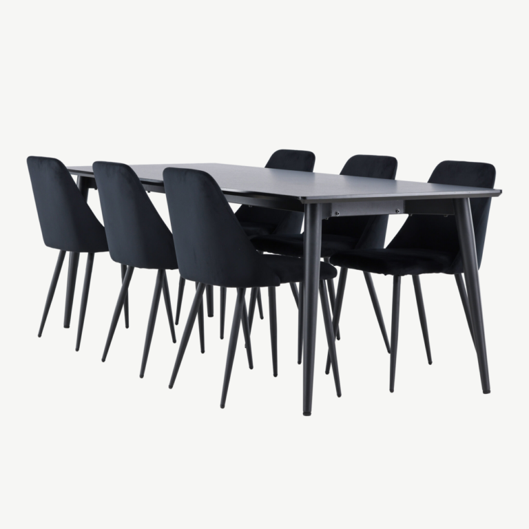 Söögitoakomplekt Ellis – must MDF laud ja 6 Night velvetist tooli - GR24610