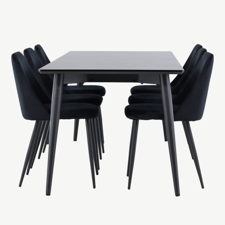 Söögitoakomplekt Ellis – must MDF laud ja 6 Night velvetist tooli - GR24610