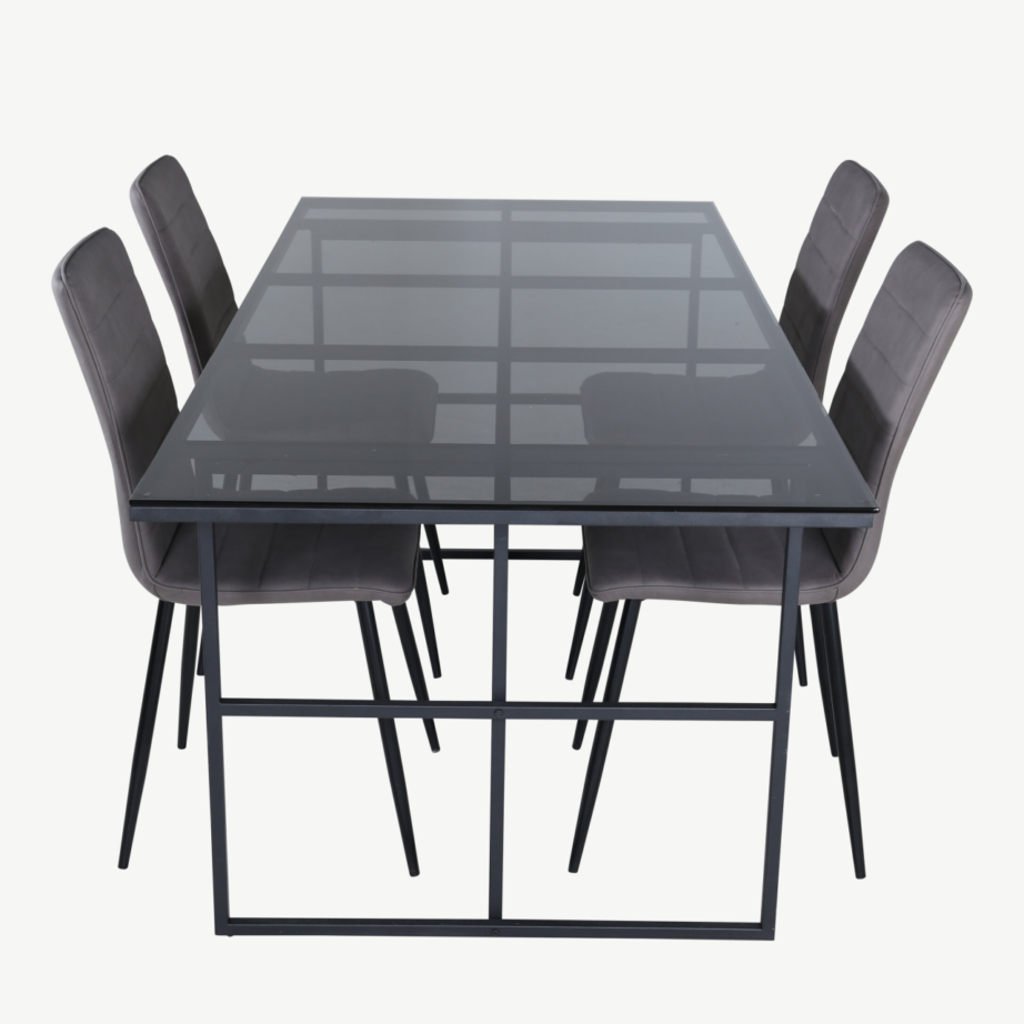 Söögitoakomplekt Leif – suitsumust klaaslaud ja halli mikrokiuga Windu toolid, GR22379 – 2