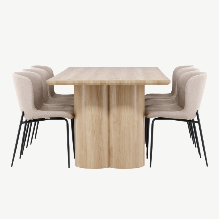 Söögitoakomplekt Olivia laud ja 6 Modesto beeži buklee tooli (valge peitsiga MDF, mustad metalljalad) - GR24550