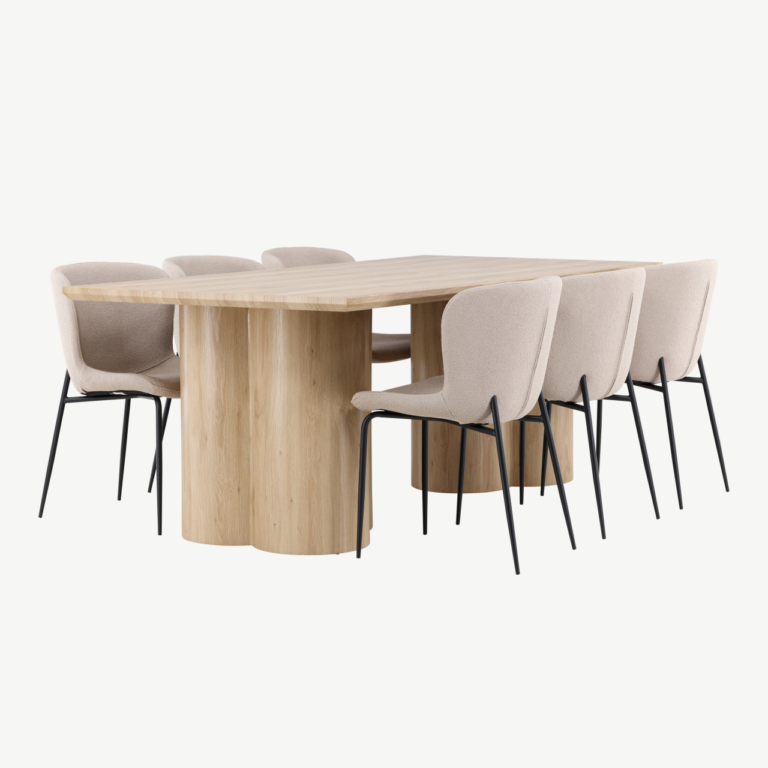 Söögitoakomplekt Olivia laud ja 6 Modesto beeži buklee tooli (valge peitsiga MDF, mustad metalljalad) - GR24550