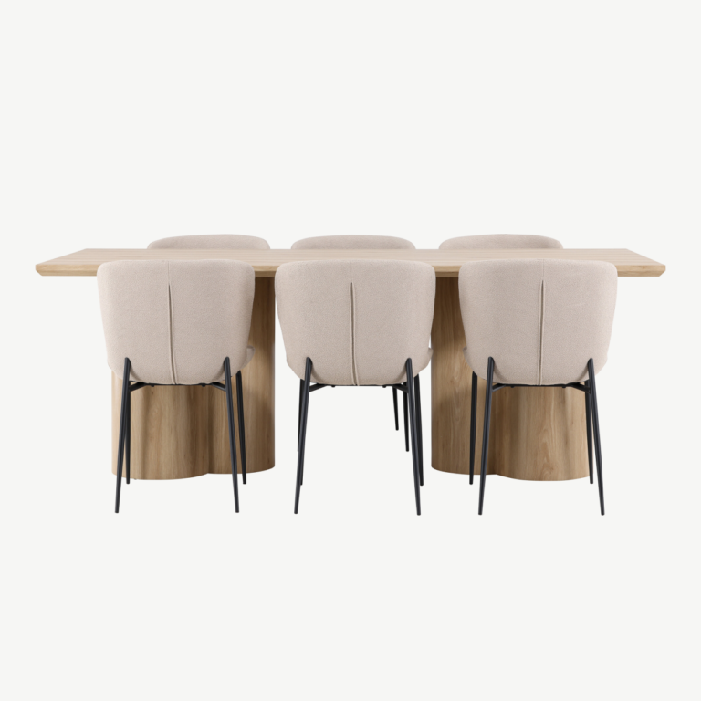 Söögitoakomplekt Olivia laud ja 6 Modesto beeži buklee tooli (valge peitsiga MDF, mustad metalljalad) - GR24550