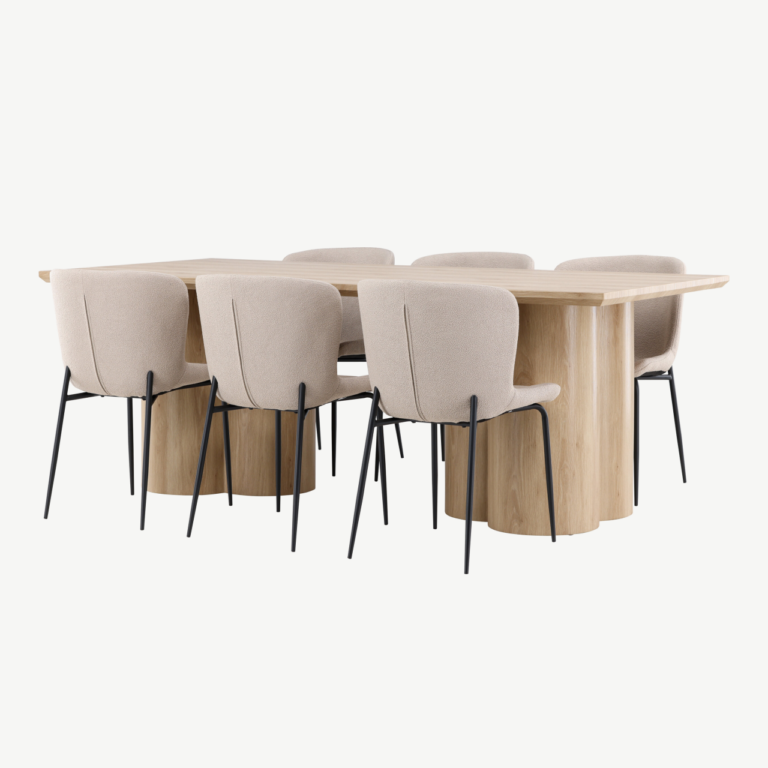 Söögitoakomplekt Olivia laud ja 6 Modesto beeži buklee tooli (valge peitsiga MDF, mustad metalljalad) - GR24550