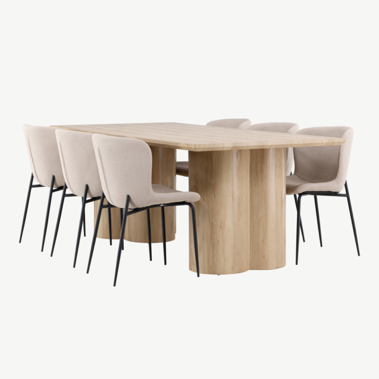 Söögitoakomplekt Olivia laud ja 6 Modesto beeži buklee tooli (valge peitsiga MDF, mustad metalljalad) - GR24550