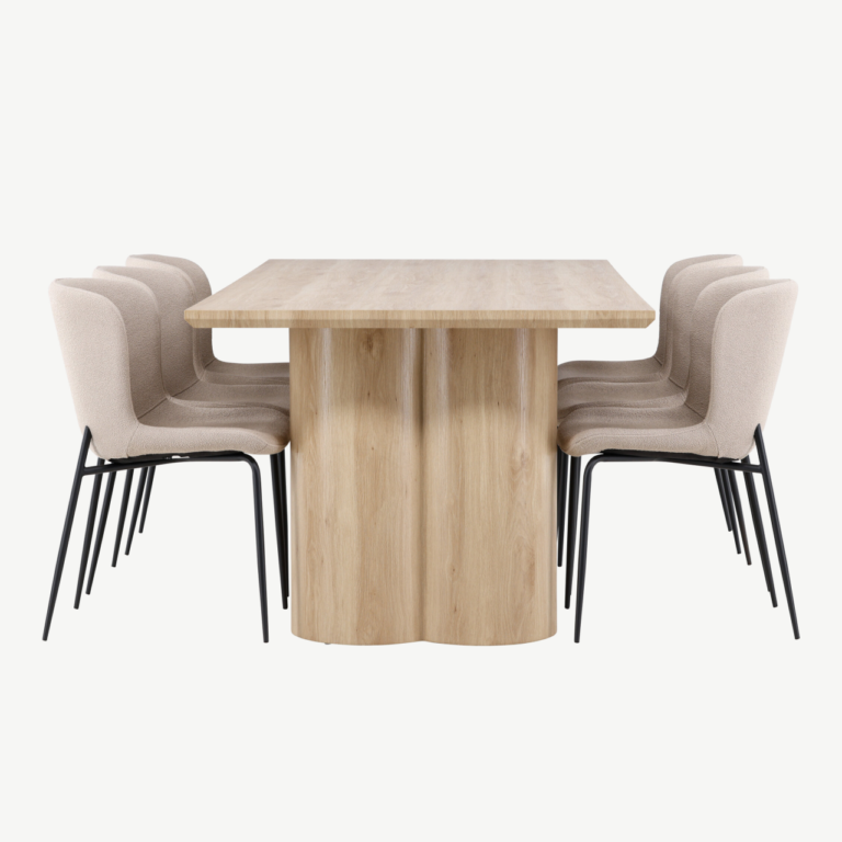 Söögitoakomplekt Olivia laud ja 6 Modesto beeži buklee tooli (valge peitsiga MDF, mustad metalljalad) - GR24550