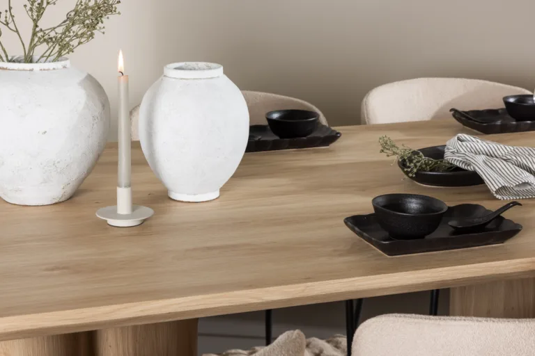 Söögitoakomplekt Olivia laud ja 6 Modesto beeži buklee tooli (valge peitsiga MDF, mustad metalljalad) - GR24550