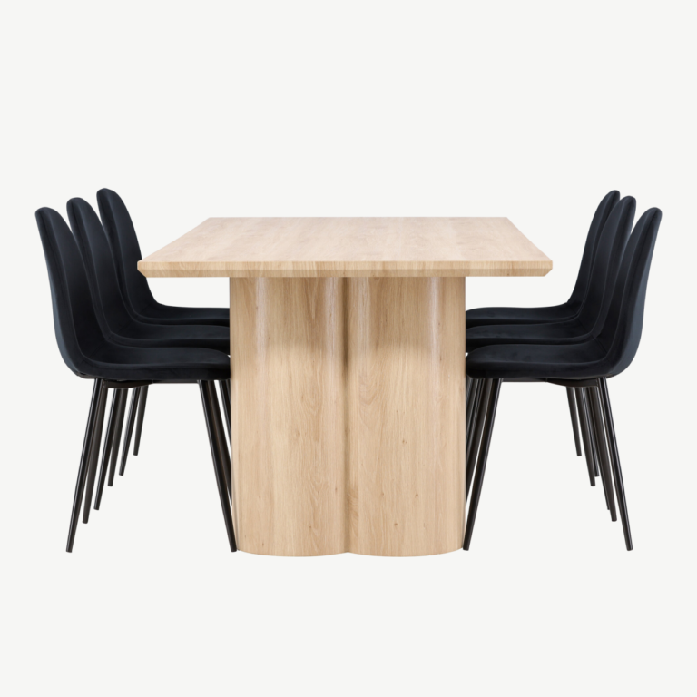 Söögitoakomplekt Olivia laud ja 6 musta sametist Polar tooli (MDF, looduslik viimistlus) - GR24548