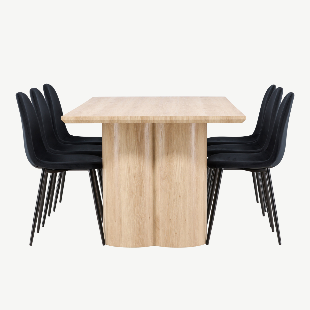 Söögitoakomplekt Olivia laud ja 6 musta sametist Polar tooli (MDF, looduslik viimistlus) - GR24548