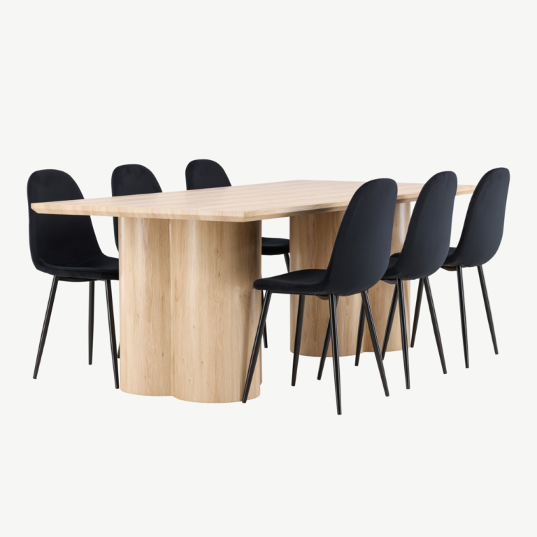 Söögitoakomplekt Olivia laud ja 6 musta sametist Polar tooli (MDF, looduslik viimistlus) - GR24548