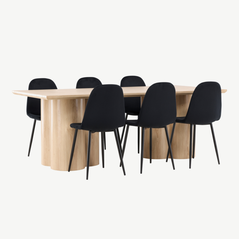 Söögitoakomplekt Olivia laud ja 6 musta sametist Polar tooli (MDF, looduslik viimistlus) - GR24548