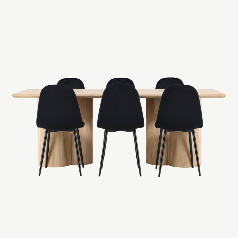 Söögitoakomplekt Olivia laud ja 6 musta sametist Polar tooli (MDF, looduslik viimistlus) - GR24548