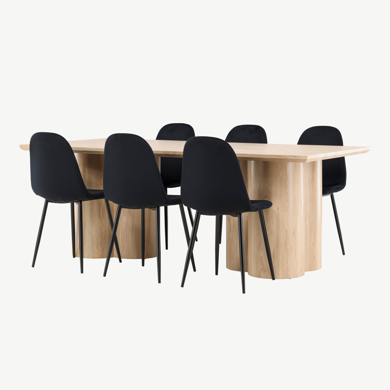 Söögitoakomplekt Olivia laud ja 6 musta sametist Polar tooli (MDF, looduslik viimistlus) - GR24548