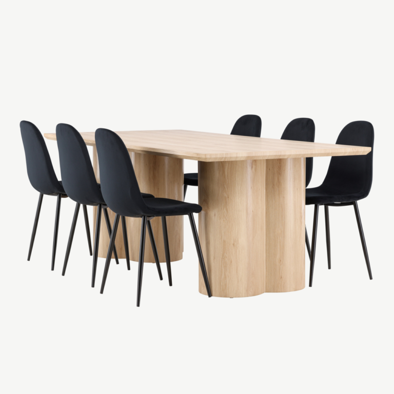 Söögitoakomplekt Olivia laud ja 6 musta sametist Polar tooli (MDF, looduslik viimistlus) - GR24548