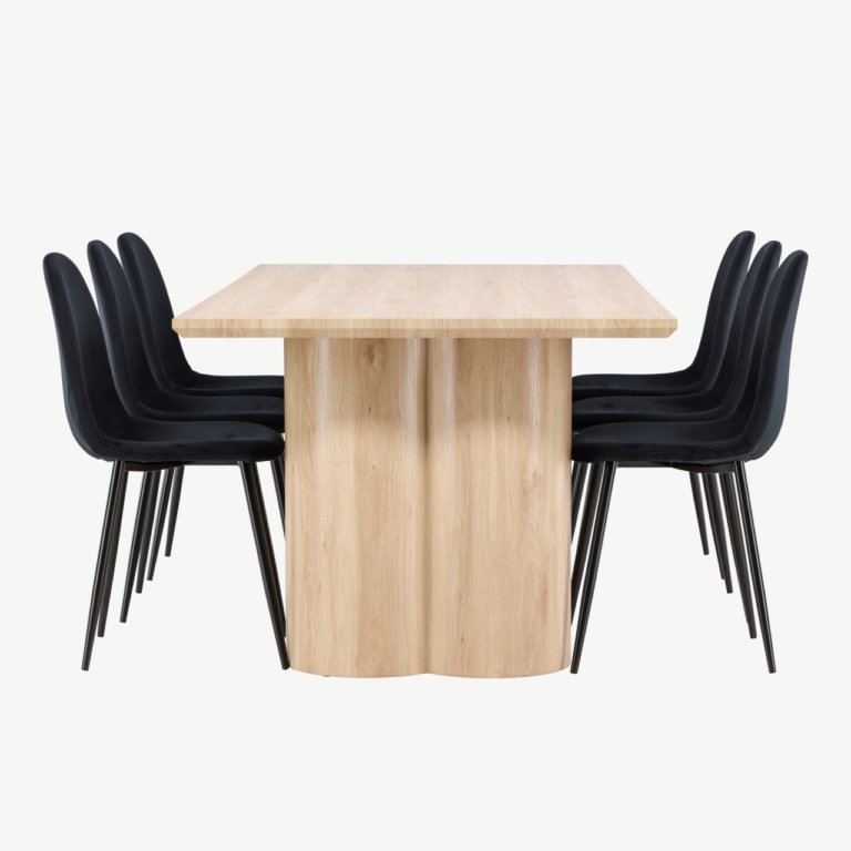 Söögitoakomplekt Olivia laud ja 6 musta sametist Polar tooli (MDF, looduslik viimistlus) - GR24548
