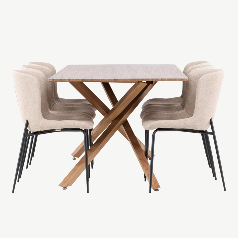 Söögitoakomplekt Piazza laud ja 6 Modesto tooli (mokkas viimistlus, beež buklee, mustad jalad), GR24520 – 2